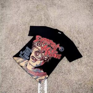 Black Graphic T-Shirt with Red and Beige Design
